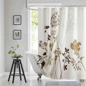 Floral Fabric Shower Curtain, Beige Brown Grey Plant Shower Curtains for Bathroom, Waterproof Bathroom Curtains, 72" W x 72" H