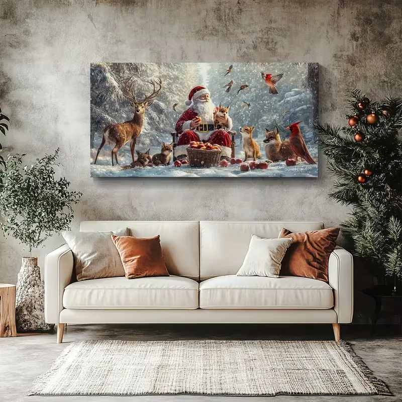 Vintage Christmas Santa & Forest Animals Canvas Wall Art - Farmhouse Holiday Decor for Living Rooms, Fireplaces