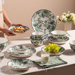 French Vintage Style Ceramic Tableware Set 11/35/45 with Green Rose Pattern Microwave & Dishwasher Safe for Homes & Restaurants