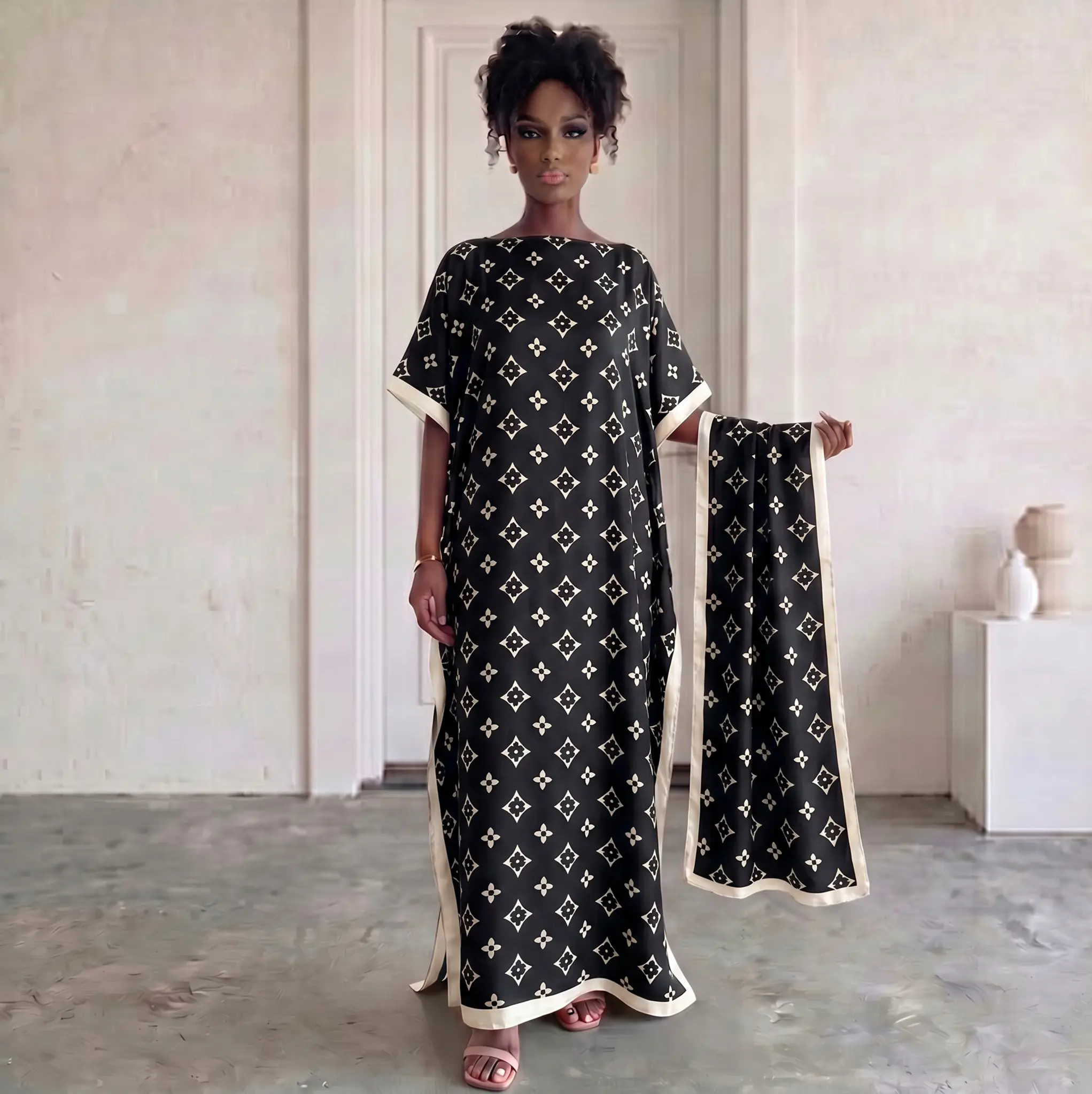 Moo Moo Kaftan Set With Matching Hijab, Luxury Black Base Beige Clover Print Glossy Satin, Silky Loose Side Split Maxi Dress, Minimalist Elegant Modest Outfit For Party Holiday Wedding Daily Summer Beach Wear
