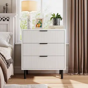 Minimalist White Fluted 3-Drawer Dresser - Wide Modern Engineered Wood Storage Cabinet with Metal Legs, Fluted Panels, Sliding Drawers, Cabinet Storage Organizer for Bedroom, Living Room