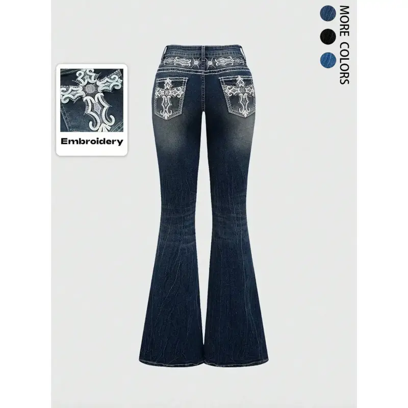Grunge Punk  retro pocket cross wing embroidered flared leg women's stretch jeans