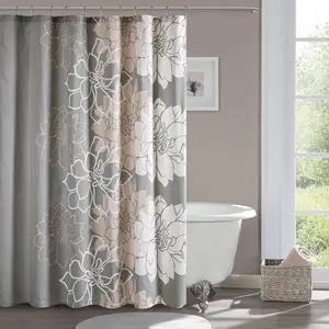 MAIN STREET Madison Park Lola Cotton Floral Printed Shower Curtain Peach & White Flowers on Grey 72x72" Washable Splash Decor