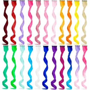 22 PCS Colored Hair Extensions Clip in, Curly Wavy Colorful Extension for Kids Girls - Party Highlights Synthetic Hairpiece 17 inch