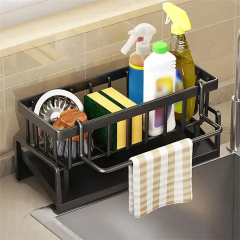 Decorative Kitchen Sink Drying Rack Multifunctional Storage Organizer with Hanging Design & Waterproof Steel for Home Use 1kg Capacity 9.05x3.6x4 Inches