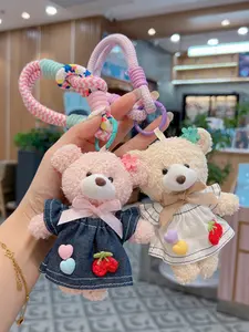 Cartoon Cherry Denim Skirt Teddy Bear Car Keychain Creative Plush Doll Fashion Bag Decoration Pendant Wholesale