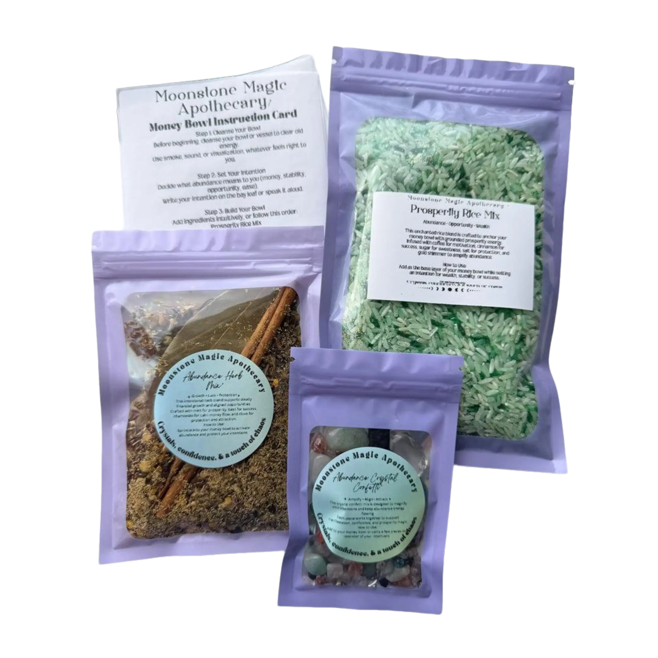 Abundance Money Bowl Refill Set with Aroma Fragrance Crystal Confetti, Bay Leaf and Rice
