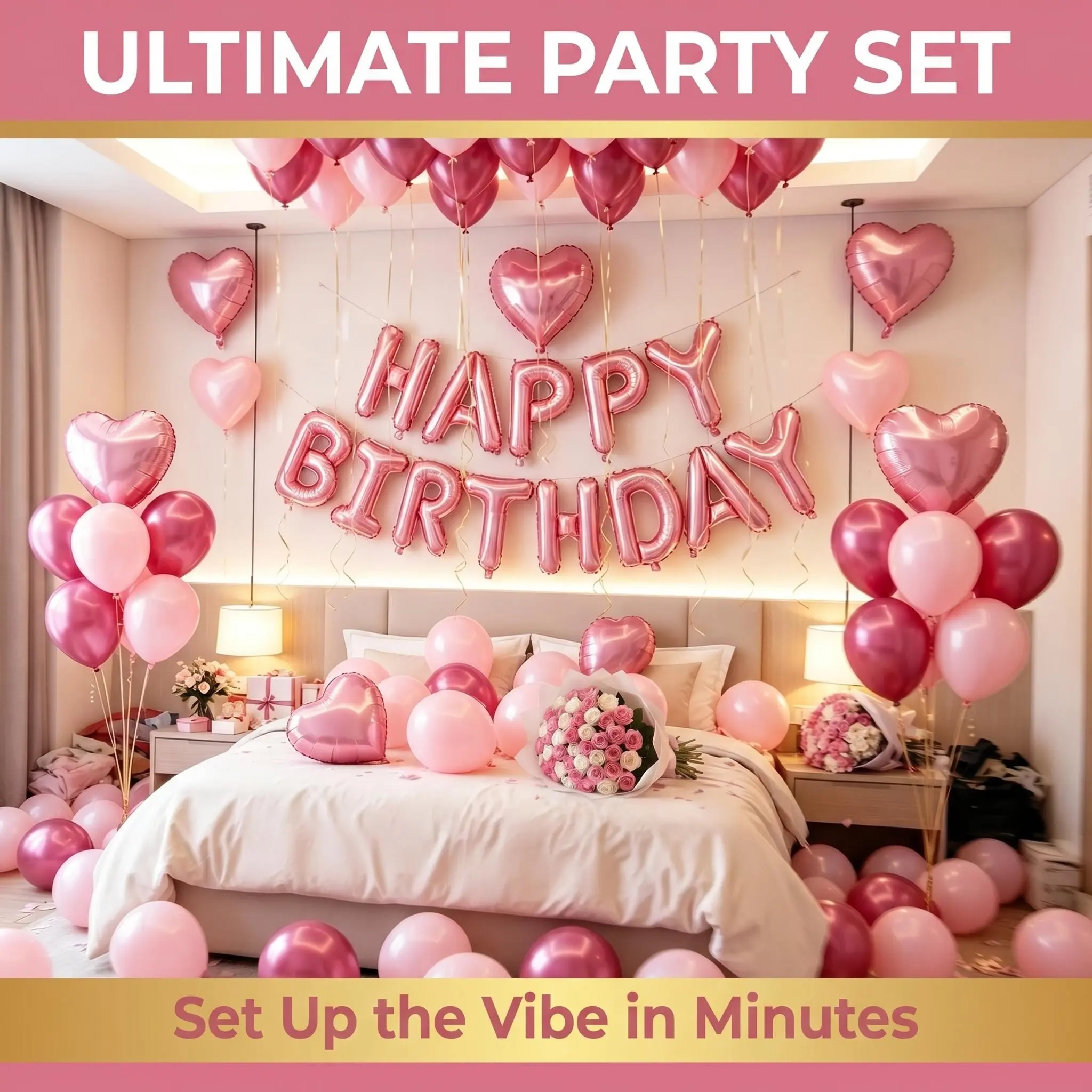 94pcs Pink Birthday Balloon Set, Includes 16 Inch Pink Birthday Decor, Heart Shaped Balloons & Metallic Pink Balloons, Suitable For Birthday Party, The woman's birthday, a gathering with close friends, Wedding,  Anniversary, Home Decoration