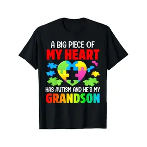 Menswear Print T-Shirt - "A Big Piece of My Heart Has Autism and He's My Grandson" Graphic, Colorful Puzzle Design, Round Neck, Short Sleeve Top, Casual Regular Fit, Grandparent Apparel