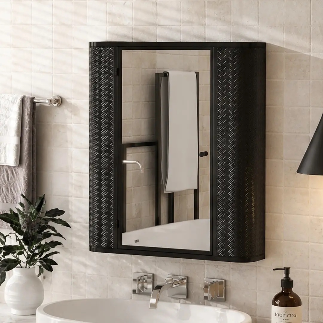ARCH Wall-Mounted Corrosion-Resistant Crafted Non-Locking Enclosure Multi-Shelf Bathroom Mirror Cabinet, Antique Black Steel Frame, Single Mirrored Door, Glass Shelf, Open Compartment, Farmhouse Rustic Style, Over Toilet/Vanity Storage Organizer, Corrosio