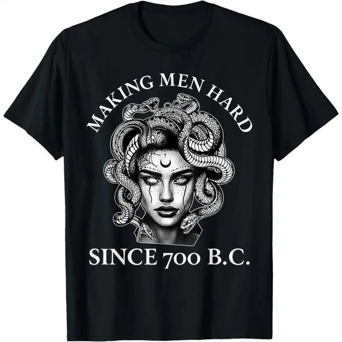 Women's Combed Cotton-Seamless Medusa Graphic T-Shirt - Funny Feminist Novelty Basic Top, "Making Men Hard Since 700 B.C.", Retro Chic Slimming Moisture-Wicking Shortsleeve Round Neck, Natural Spandex Blend, Casual Denim-Friendly All-Season Streetwear Top