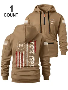 Men's Fall Winter Hooded Casual Fashion Sweatshirt, Flag Print Design, Zipper Pocket Detail, Casual Loose Fit, Perfect for Holidays & Daily Wear