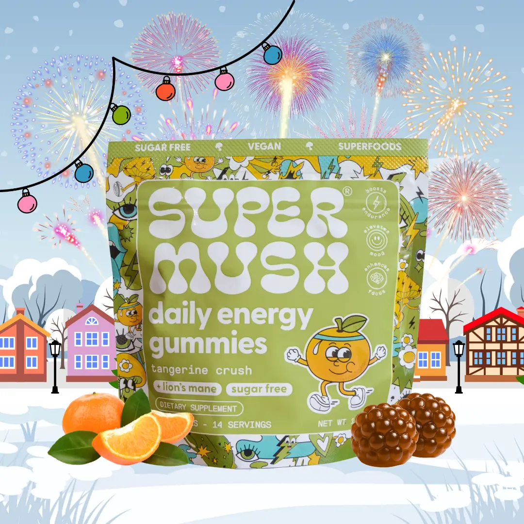 SuperMush Daily Energy Gummies 28 Count | Tangerine Crush Flavor | Sugar-Free Caffeine-Free | USA Made Mushroom Supplement with Cordyceps, Lion’s Mane, Rhodiola & Panax Ginseng | Non-GMO Vegan Gluten-Free Dietary Supplement