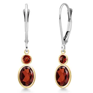 14K Two Tone Gold Red Garnet Dangle Earrings for Women | 2.04 Cttw | Gemstone January Birthstone | Oval 7X5MM