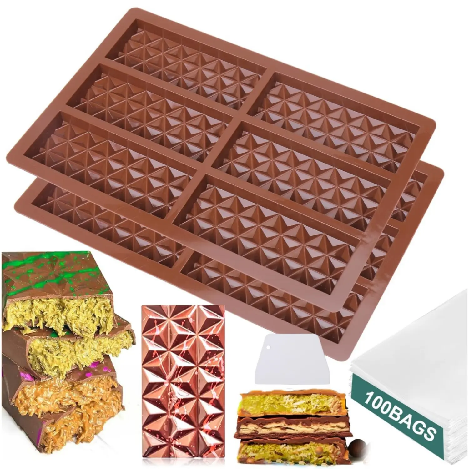 2PCS Chocolate Bar Mold - Deep Pistachio Knafeh Chocolate Bar, Thick Silicone Tray, Diamond Candy Mould with 100PCS Clear Bags & Chocolate Scraper