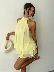 Sexy Beach Halter Short Fitted Dress, Chiffon Material, Lightweight Comfortable, Y2K Style, Plain Pattern, Sleeveless, Summer Fashion