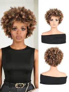 Natural Short Hair African Curly Synthetic Wig, Women's Ombre Wig with Bangs, Stylish Daily Wear & Party Accessory