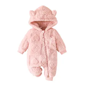 Newborn Infant Toddler Baby Girls Winter Sweatshirt Romper Solid Color Plush Hooded Long Sleeve Jumpsuit  Bodysuit Outfits