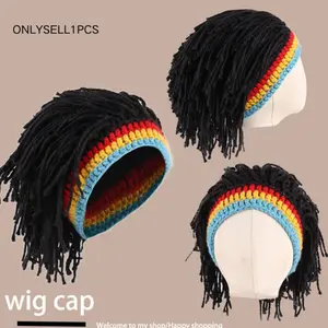 Halloween Themed Rasta Wildman Yarn Wig Hat, Funny Costume Knit Cap, Braided Hair Accessory, Perfect for Photoshoots, Unique Style