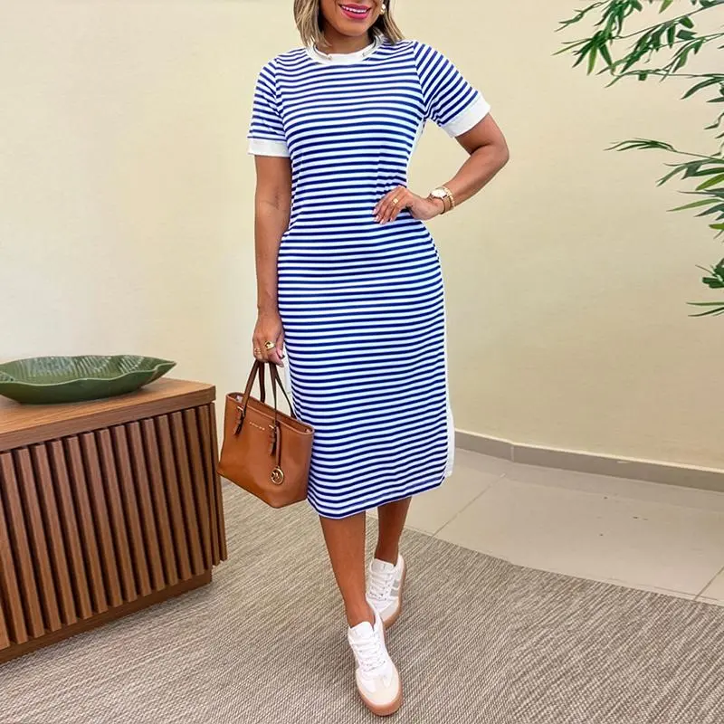 CHICME Women's Striped Colorblock Midi T-Shirt Dress Casual Crew Neck Waist-Cinching Slit Dress with Pockets