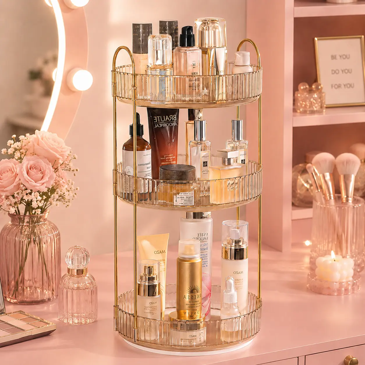 3 Tier Rotating Makeup Organizer 360° Spinning Cosmetic Storage Rack Luxury Perfume Organizer with Gold Metal Frame Green Acrylic Shelves Skincare Display Stand Vanity Bathroom Countertop Storage Space Saver Lazy Susan Jewelry Gift