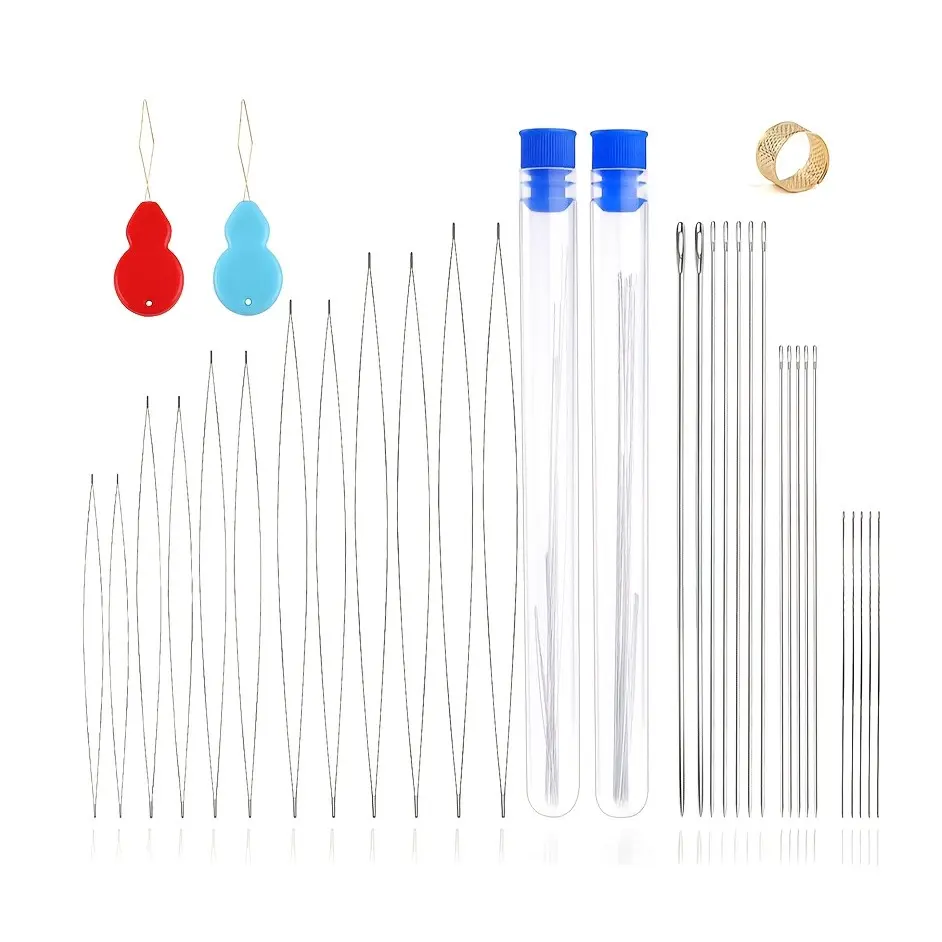 34-Piece Bead Needles Set, Central Opening Bent Needles, Bendable Needle, Straight Needles with Thread Ring, DIY Beading Sewing Jewelry Making Tools, Needle Crafts Kit