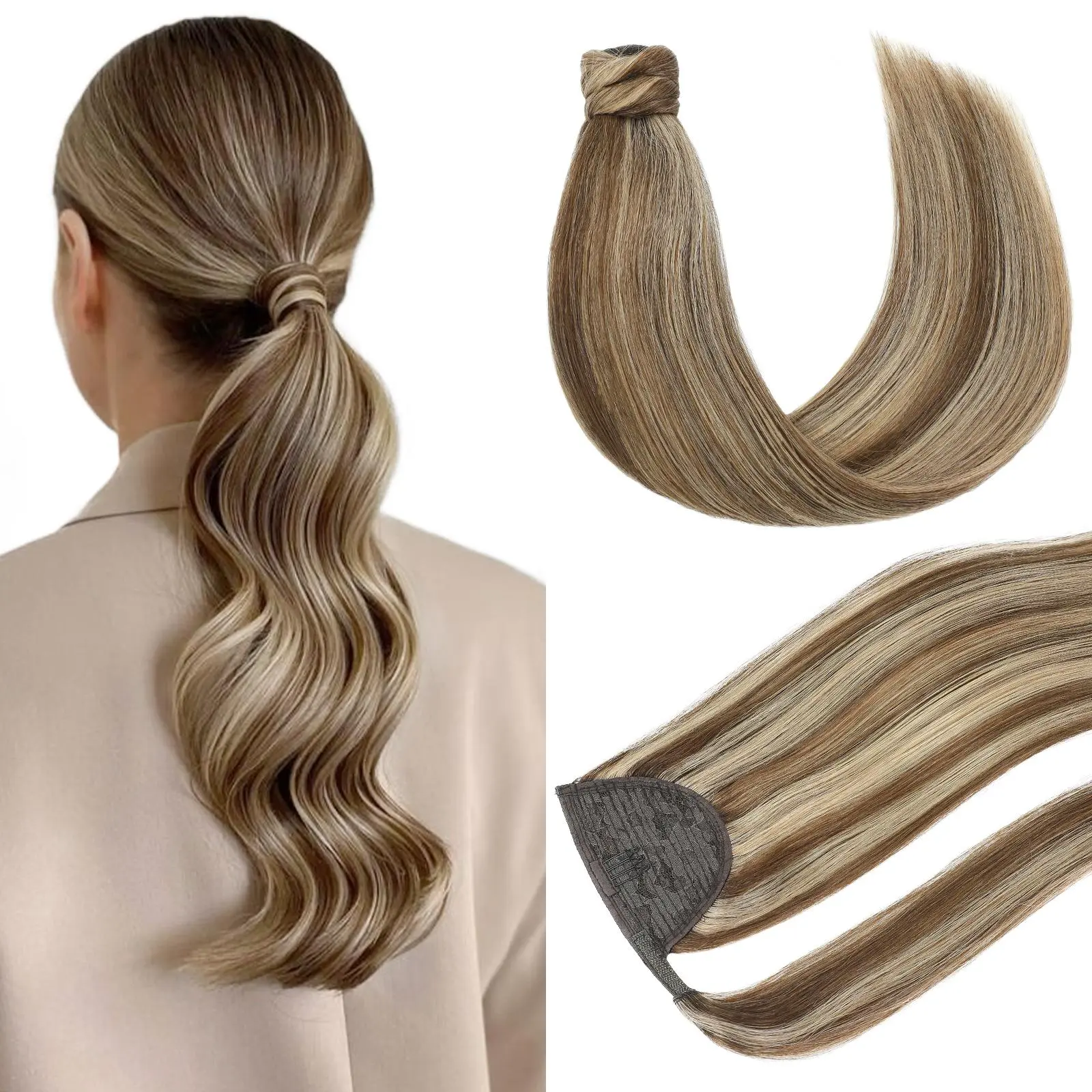 Youngsmile Ponytail Extensions Human Hair Clip in, Ponytail Hair Extensions Hairpieces Wrap Around Magic Paste for Daily Party Use