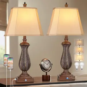 3-Way Dimmable Table Lamps for Bedrooms Set of 2, 30" H Touch Lamps for Living Room with USB & Type-C Ports, Brown Mermaid Bedside Lamp for Nightstand, Resin Farmhouse Rustic Lamp with 2 Bulb