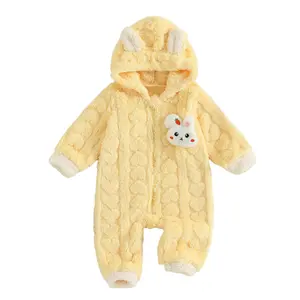 Newborn Baby Girl Plush Hooded Romper Jumpsuit Cute Bunny Ear Snowsuit Long Sleeve Zipper Oneise Outwear Fall Winter Outfit