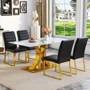 Bellemave  Marble patterned tempered glass dining chair set (gold decoration): 63 inch dining table+4 modern minimalist style dining chairs