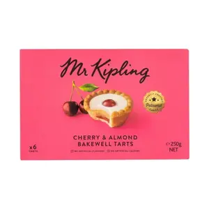 Mr Kipling Cherry Bakewells 6 Almond Sponge, Icing, Raspberry flavoured Plum jam, topped with a Cherry.