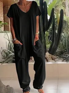 Boho-Chic Aesthetic Loungewear Jumpsuit, V-Neck Short Sleeve Harem Romper with Pockets, Casual Fitted Jumpsuit for All Seasons, Beach & Coastal