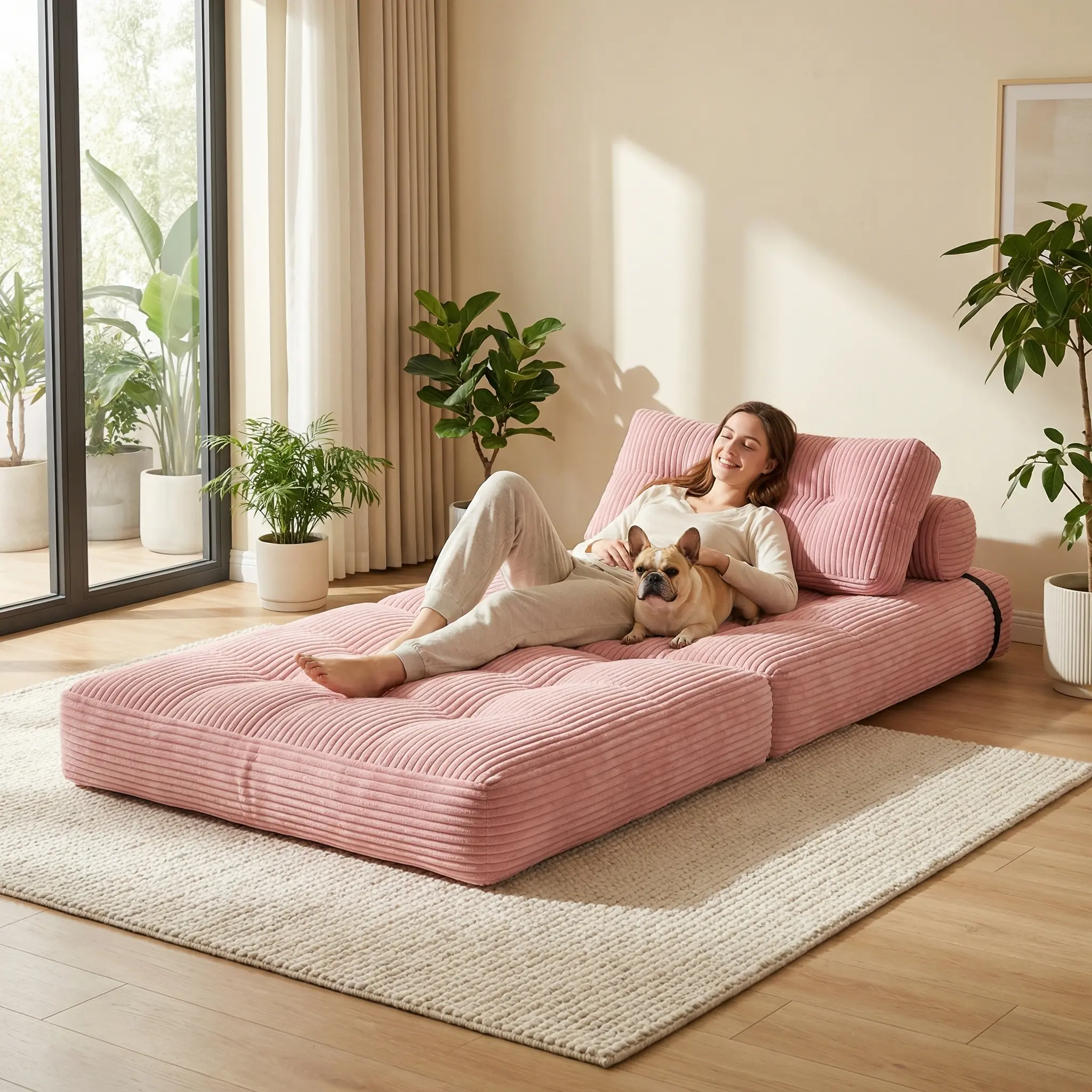 【Dreamy Pink Sofa Bed!!! 】Mr IRONSTONE Folding Sofa with Headrest, Convertible Sleeper Chair with Pillow Foldable Mattress with Back Support, Pink Gray Beige for Small Living Spaces