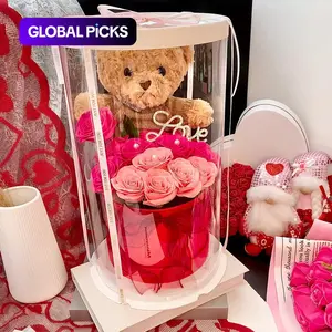 Artificial Flower Gift Box with Bear, 1 Count Romantic Rose Gift Box, Decorative Flowers Bouquet, Birthday Gift, Roses Bouquet, Decorative Vibrant Faux Flowers, Ribbon Roses Bouquet, Glitter Rose