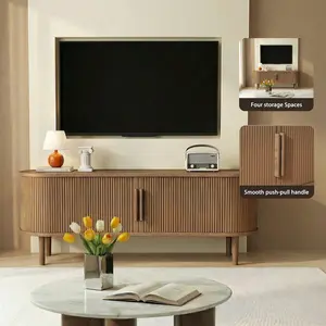 63in Modern Fluted TV Media Console Table - Oval TV Stand Living Room Furniture with Sliding Door, 4 Storage Spaces, Raised Solid Wood Legs, Wavy Curve Design for Bedroom