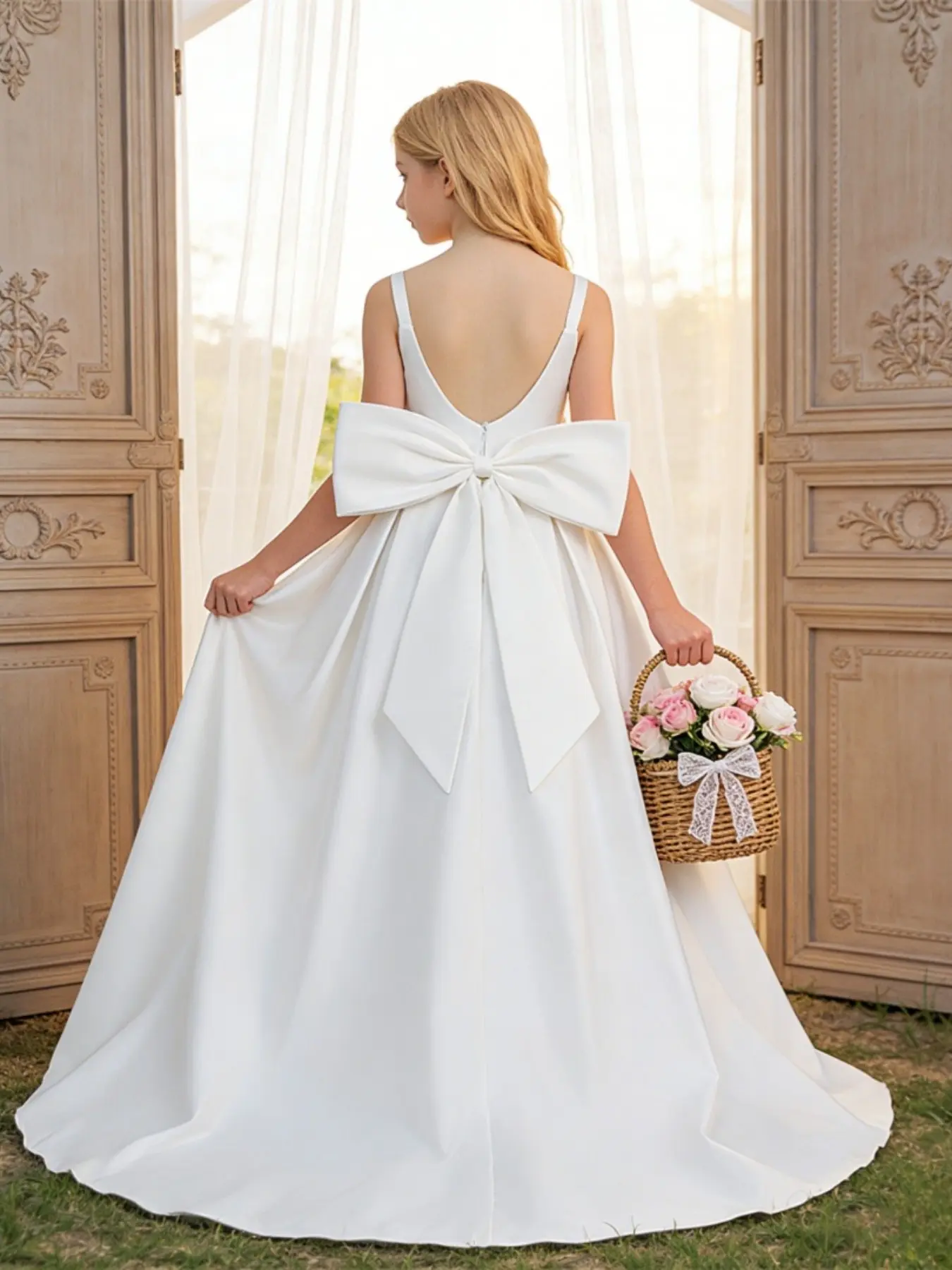 White flower girl wedding dress with train Chic Elegant princess-style tutu little girl's wedding dress artistic photoshoot dress stage runway gown Wedding Attire