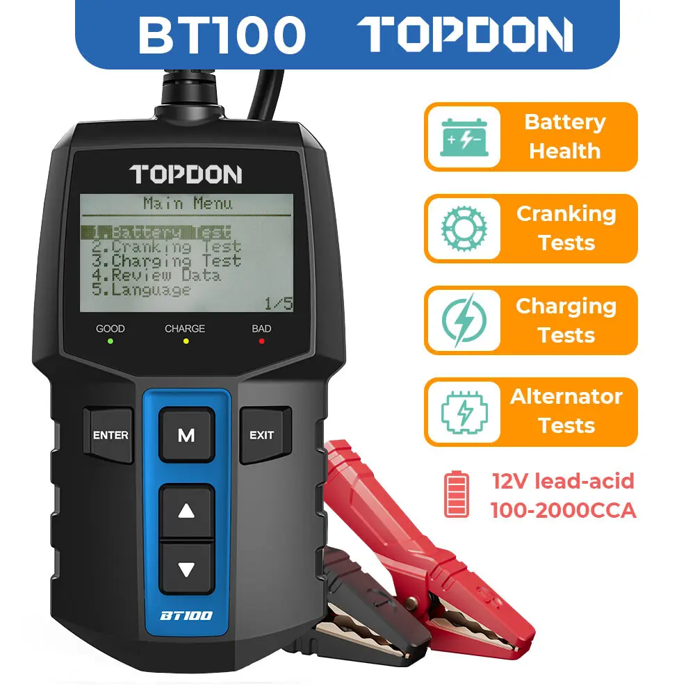 TOPDON BT100 Model 12V Compact Car Battery Load Tester (100-2000CCA) with Auto Alternator Check Function, Automotive Tools and Gadgets for Cars Trucks Vehicle