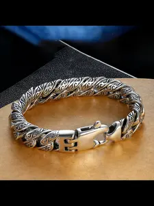 New Fashion Personalized Tang Grass Pattern Silver Color Adjustable Link Bracelet for Men, Thick Hip Hop Street Style Ethnic Wind Mens Bracelet