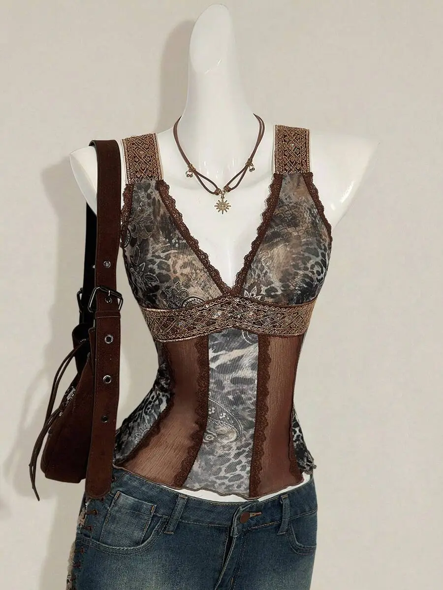 JEWEL Women Y2K Sexy V Neck Slim Top Brown Paisley Leopard Print Mesh Lace Ribbon Tank Summer Club Going Out