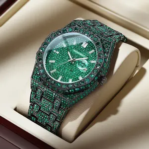 Men's 42mm Round Dial Iced Out Full Bling Green Waterproof Quartz Casual Analog Watch - Trendy Wristwatch, 2026 Streetwear Hip Hop High-End Fashion Accessory, Watches