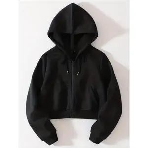 Women’s Thermal-Lined Zip-Up Hoodie – Black casual X-silhouette cropped fit with adjustable drawstring hood and front zipper for spring/fall layering, spring/fall clothing | smooth texture fabric