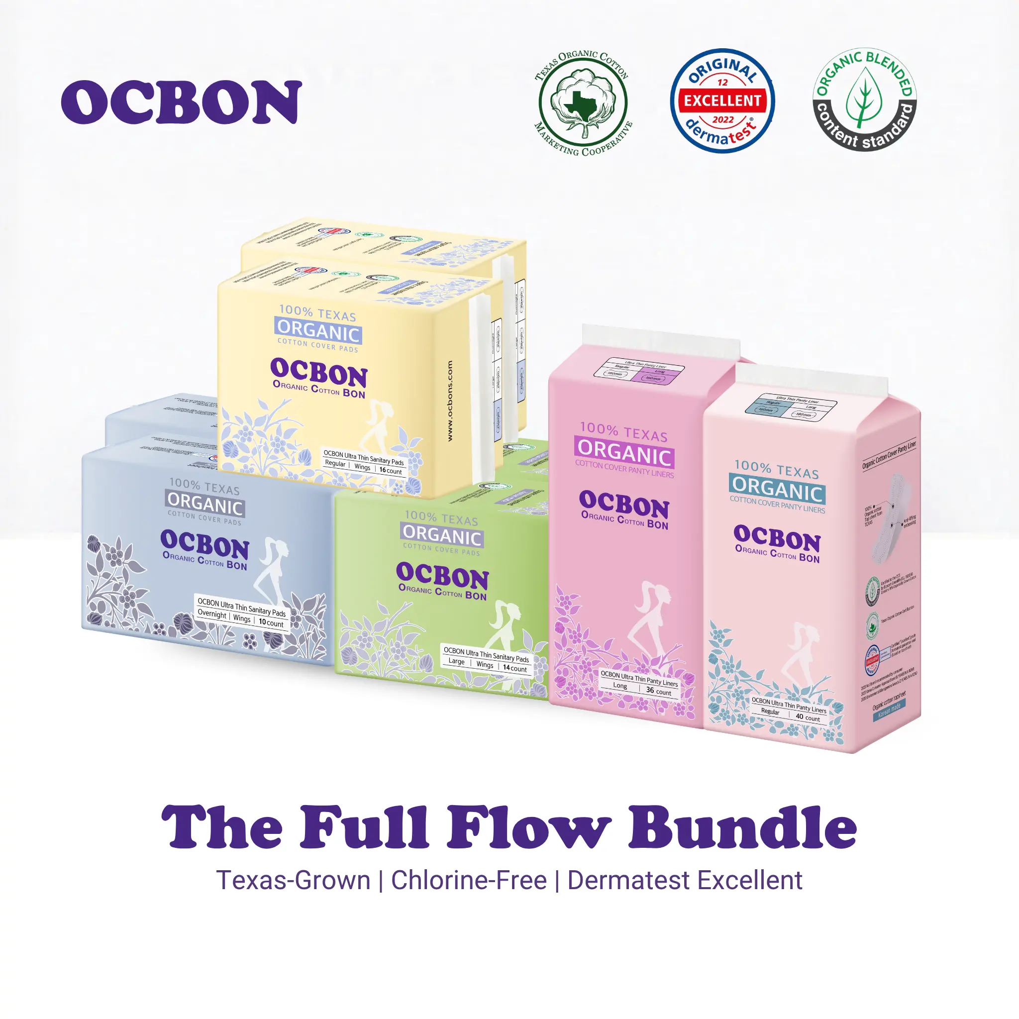 [OCBON] Full Flow 100% Organic Period Pads & Daily Liners Bundle | Unscented, Hypoallergenic, Non-Toxic, Ultra-Thin, Super Absorbent
