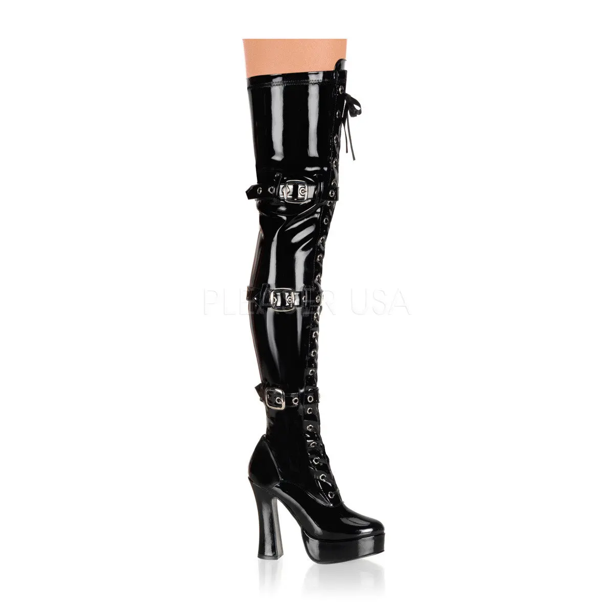 Women's Over-the-Knee Black Stretch Patent Leather Boots - 5" Stiletto Heel, Platform Sole, Lace-Up, Triple Buckle Straps, Zip Closure