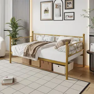 Twin Size Metal Daybed Frame with Storage, Heavy Duty Daybed with Metal Slats, Multifunctional Twin Day Bed for Living Room, Bedroom, Gold
