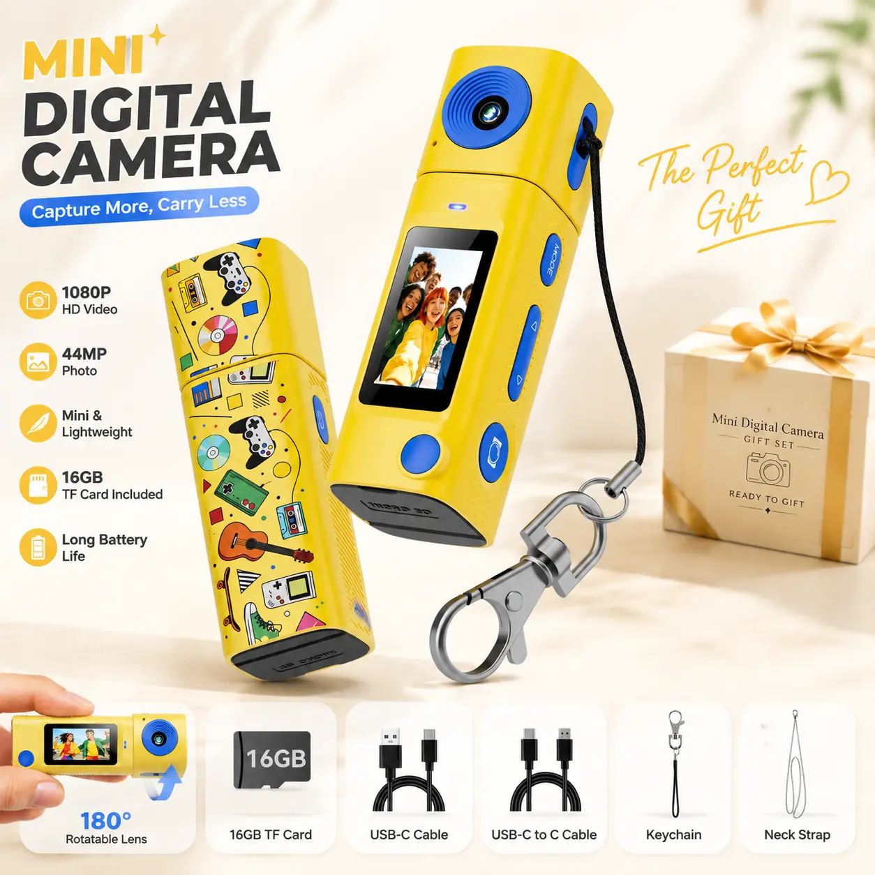 【Free 16GB Memory Card】Mini HD Digital Keychain Camera – 270° Rotating Lens, Vlogging Camera & Camcorder for Pictures & Videos, 21 Color Filters, Lipstick-Sized, Retro Y2K Style