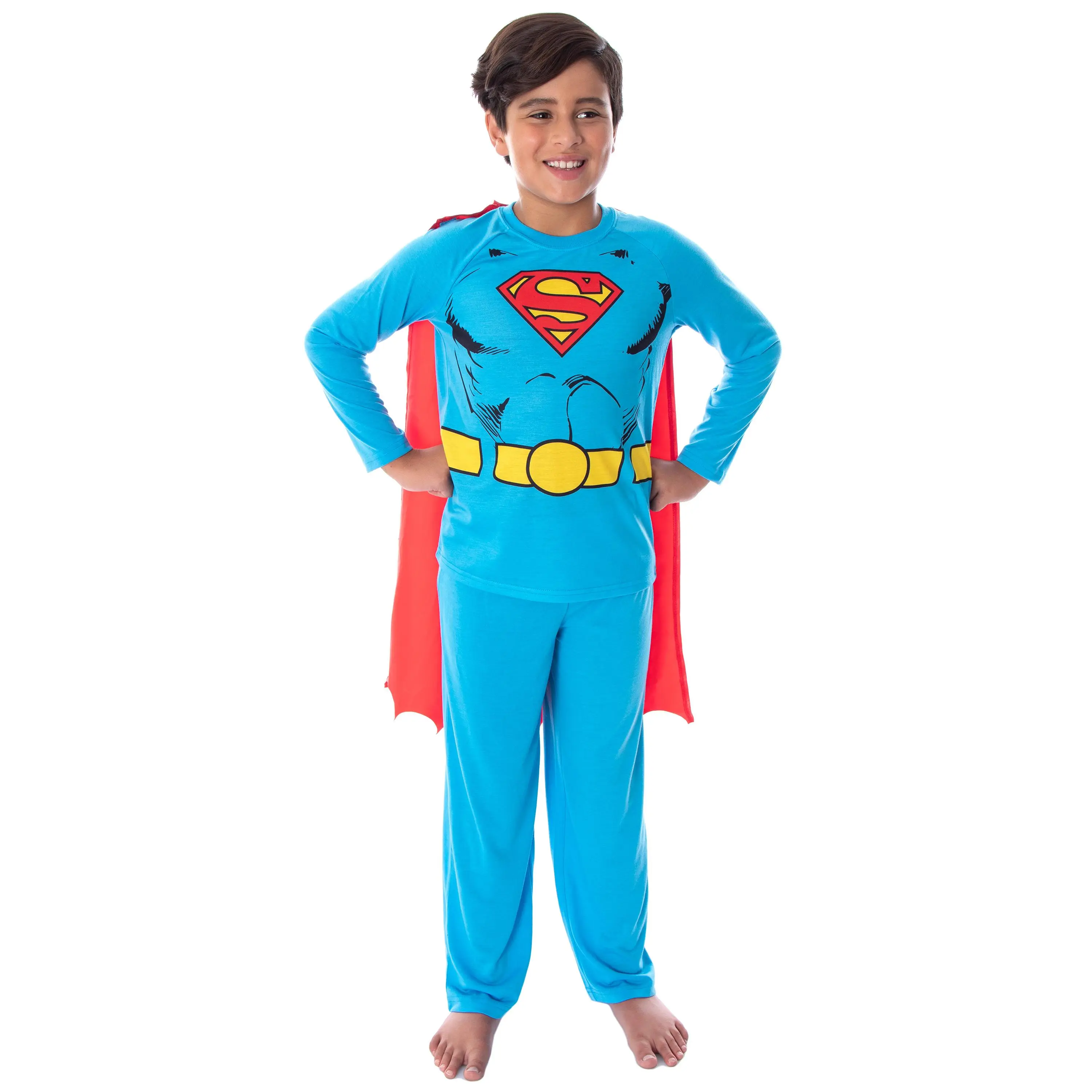 DC Comics Boys' 2-Piece Superman Classic Superhero Raglan Sleepwear Set - Shirt, Pants, and Detachable Red Cape, S