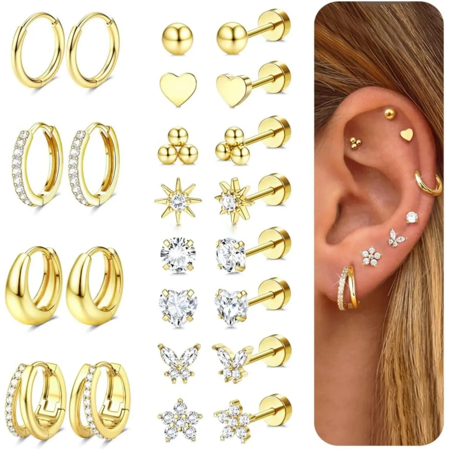 Women's 12-Pair Gold Plated Surgical Steel Earrings Set - Versatile Mix & Match CZ, Pearl Studs, Hoops, Flat Back for Sensitive Ears, Cartilage Piercing, Jewelry Stack, Mother's Day Gift, Earrings Jewelry, Versatile Earrings