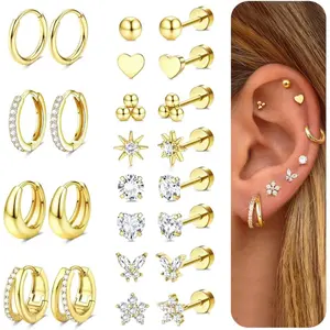 MILACOLATO 12-Pair Flat Back Earrings Set for Women, Hypoallergenic Surgical Steel Studs, Gold Set for Sensitive Ears, Helix Cartilage Tragus Piercings, Daily Wear summerwins
