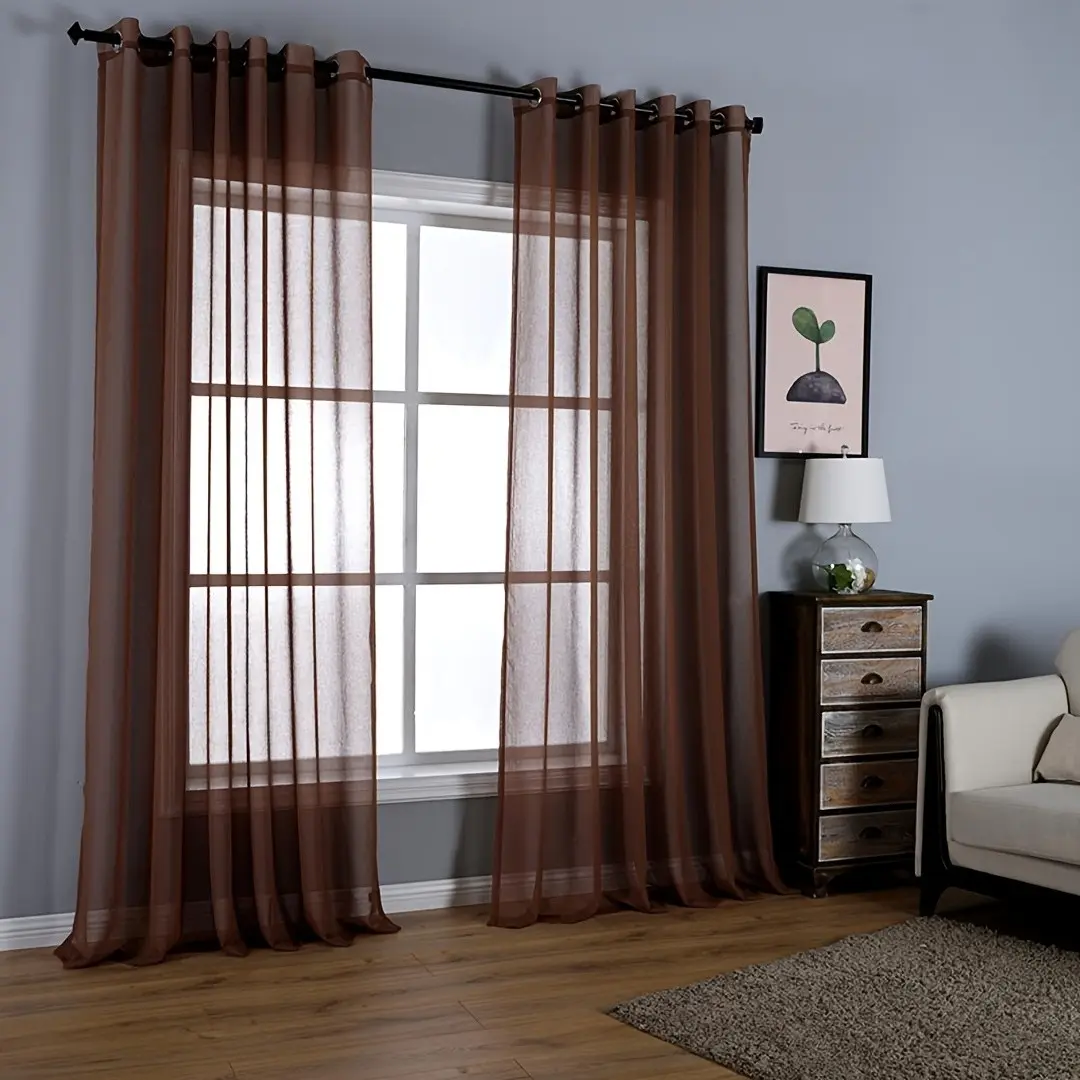 Modern Minimalist Coffee Color Sheer Window Curtain, Top Hole Ring, Soft Drape, Window Drapes, Home Decoration Curtain, Elegant Home Decor for Living Room Bedroom Balcony, Curtain For Windows