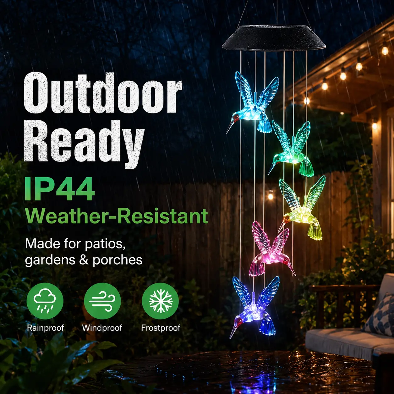 Color Changing  LED Hummingbird Wind Chimes, Waterproof Weather Resistant Outdoor Hanging Wind Chime Lights,  Auto On/Off Decor Lighting for Patio Lawn Courtyard Wedding Holiday Decor
